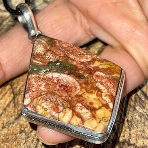 Diamond Shape Birds Eye Rhyolite Jasper Pendant 2  1/2”
